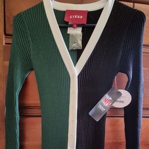STAUD Women'd Two-Tone Cardigan in Green and Black. Long, Can Be Worn Open